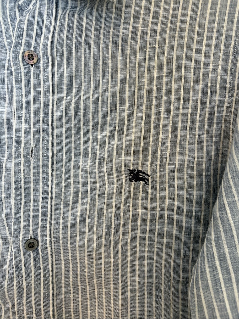 100% Linen Burberry Blue and White Striped Button-Down Shirt
